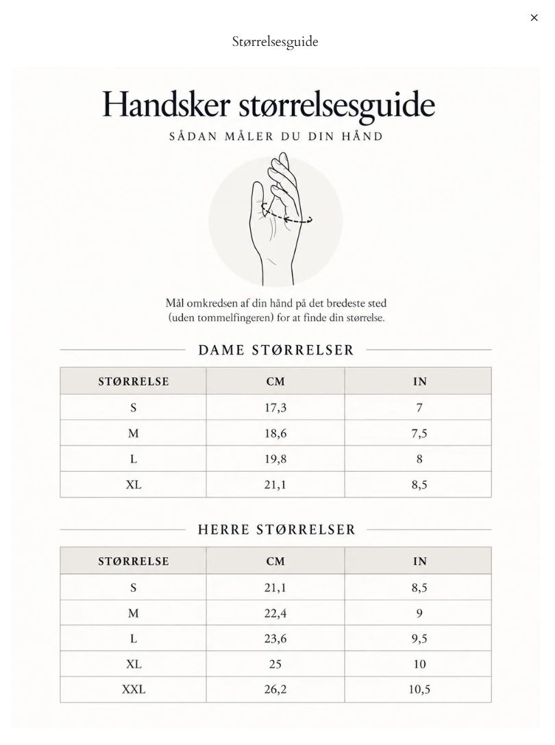 St&oslash;rrelsesguide til dame- og herrehandsker med m&aring;l i centimeter og tommer