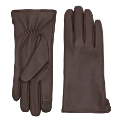 Brune Adax l�derhandsker i glat skind med klassisk design, vist fra b�de forside og bagside p� hvid baggrund.