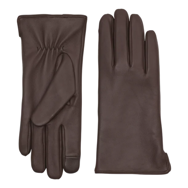 Brune Adax l�derhandsker i glat skind med klassisk design, vist fra b�de forside og bagside p� hvid baggrund.