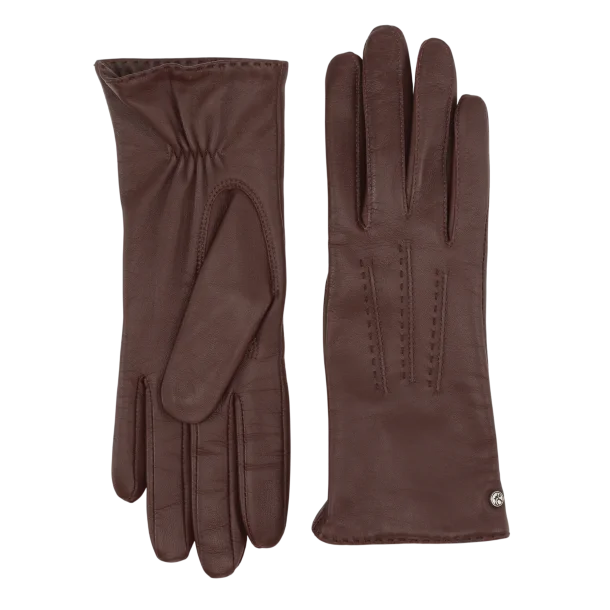 Elegante l�derhandsker i bl�dt skind med dekorative stikninger p� h�ndryggen, varmt fleecefoer og touchfunktion p� pegefinger og tommelfinger.