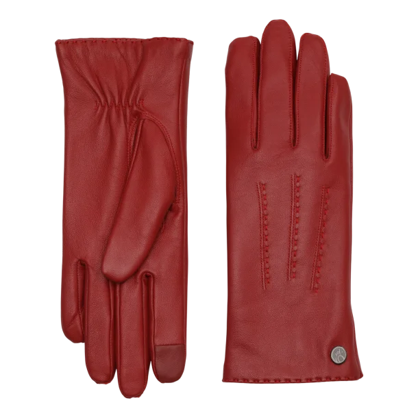 Elegante l�derhandsker i bl�dt skind med dekorative stikninger p� h�ndryggen, varmt fleecefoer og touchfunktion p� pegefinger og tommelfinger.