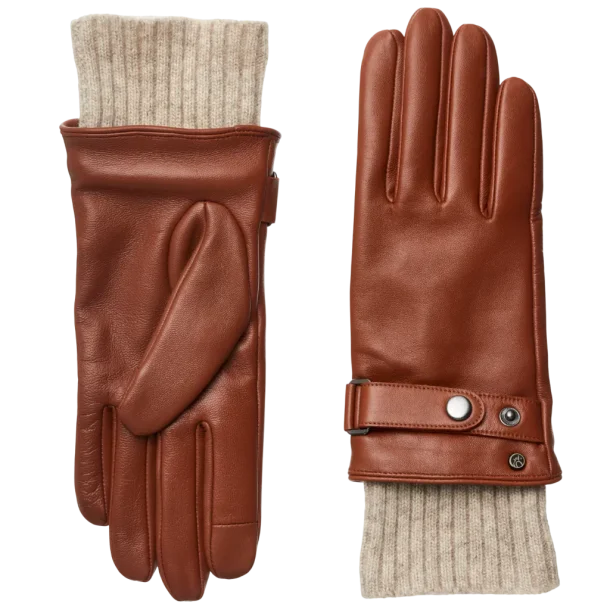 Elegante l�derhandsker i bl�dt f�rel�der med ribkant ved h�ndleddet, justerbar rem med trykknap og touchfunktion p� pegefinger og tommelfinger.