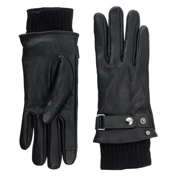 Elegante l�derhandsker i bl�dt f�rel�der med ribkant ved h�ndleddet, justerbar rem med trykknap og touchfunktion p� pegefinger og tommelfinger.